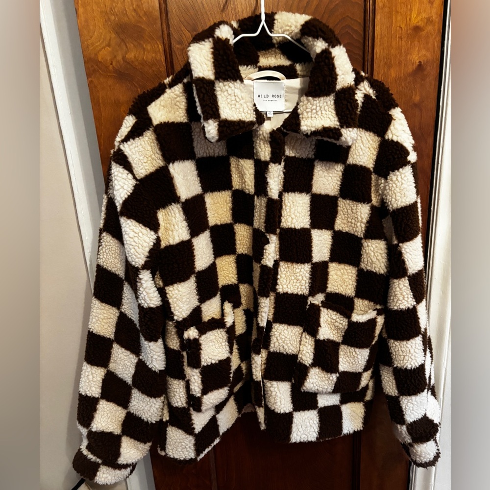 Wild Rose Brown & Cream Checker Sherpa Jacket